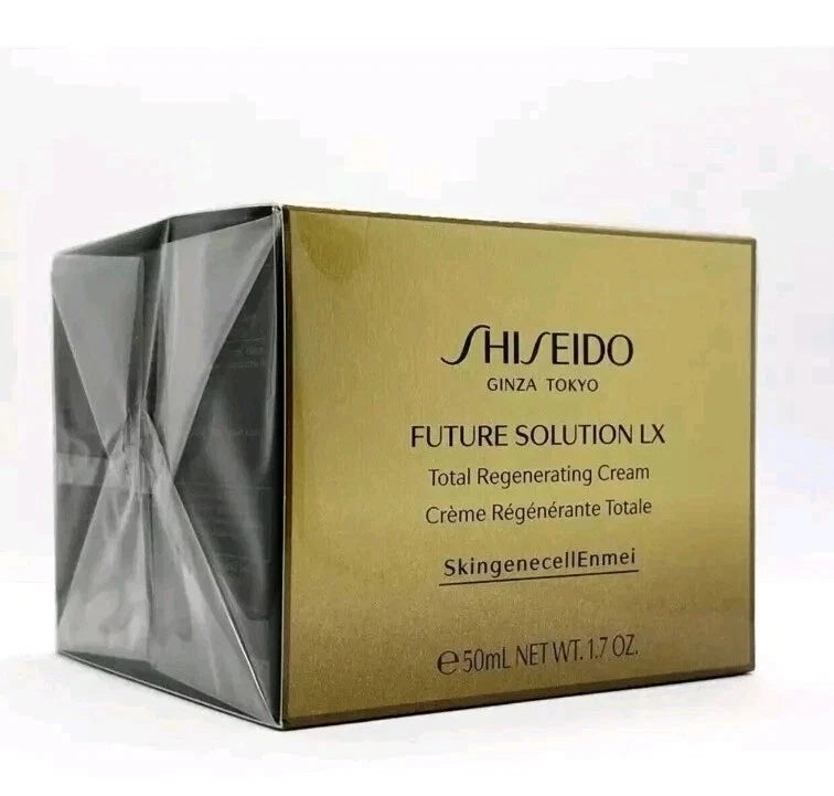 Shiseido Future Solution LX Total Regenerating Cream 50ml box, featuring a metallic gold front panel with black text and a dark gray translucent side panel, set against a plain white background.