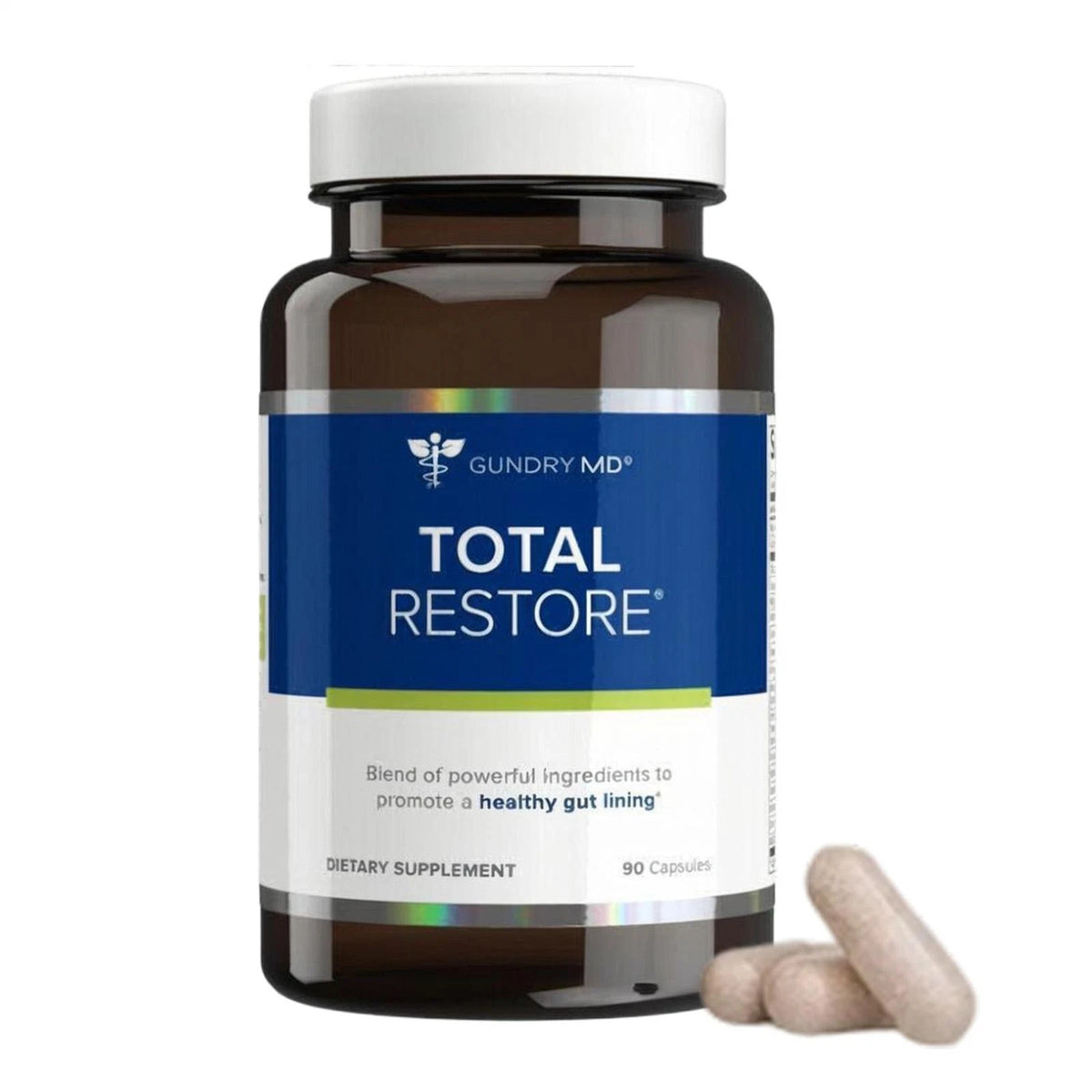 Supplement bottle labeled 'Total Restore' by Gundry MD on a white background