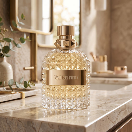 A Valentino perfume bottle with a textured clear glass body and a shiny gold cap, set on a marble bathroom counter with a blurred vanity background.