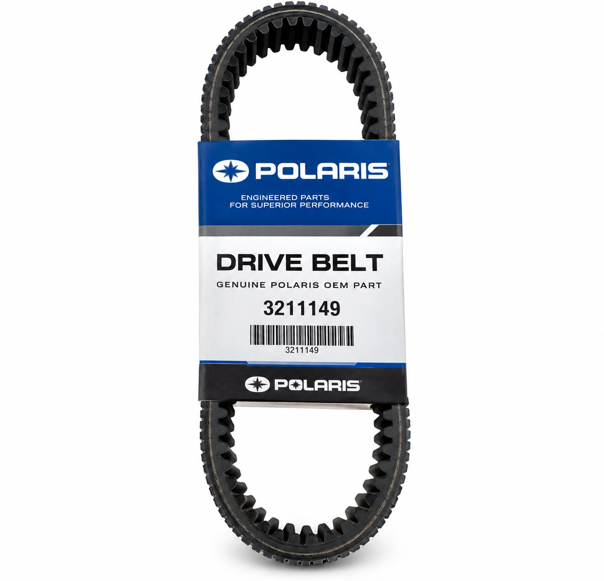 A black Polaris drive belt, genuine OEM part, shown coiled with its original blue and white paper label wrapper. The belt features grooved teeth on both ends.