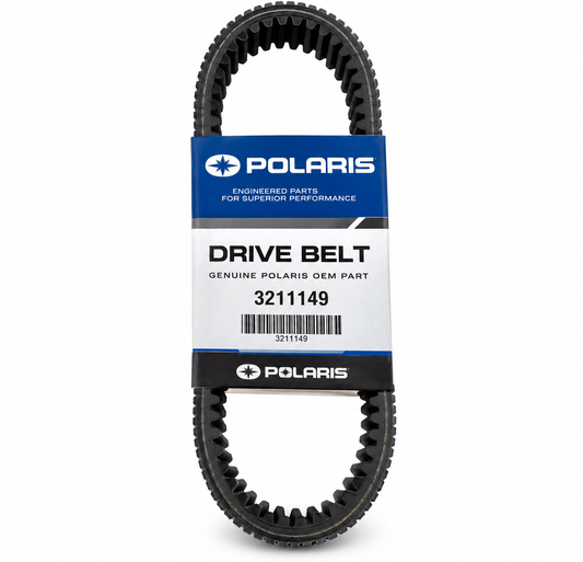A black Polaris drive belt, genuine OEM part, shown coiled with its original blue and white paper label wrapper. The belt features grooved teeth on both ends.