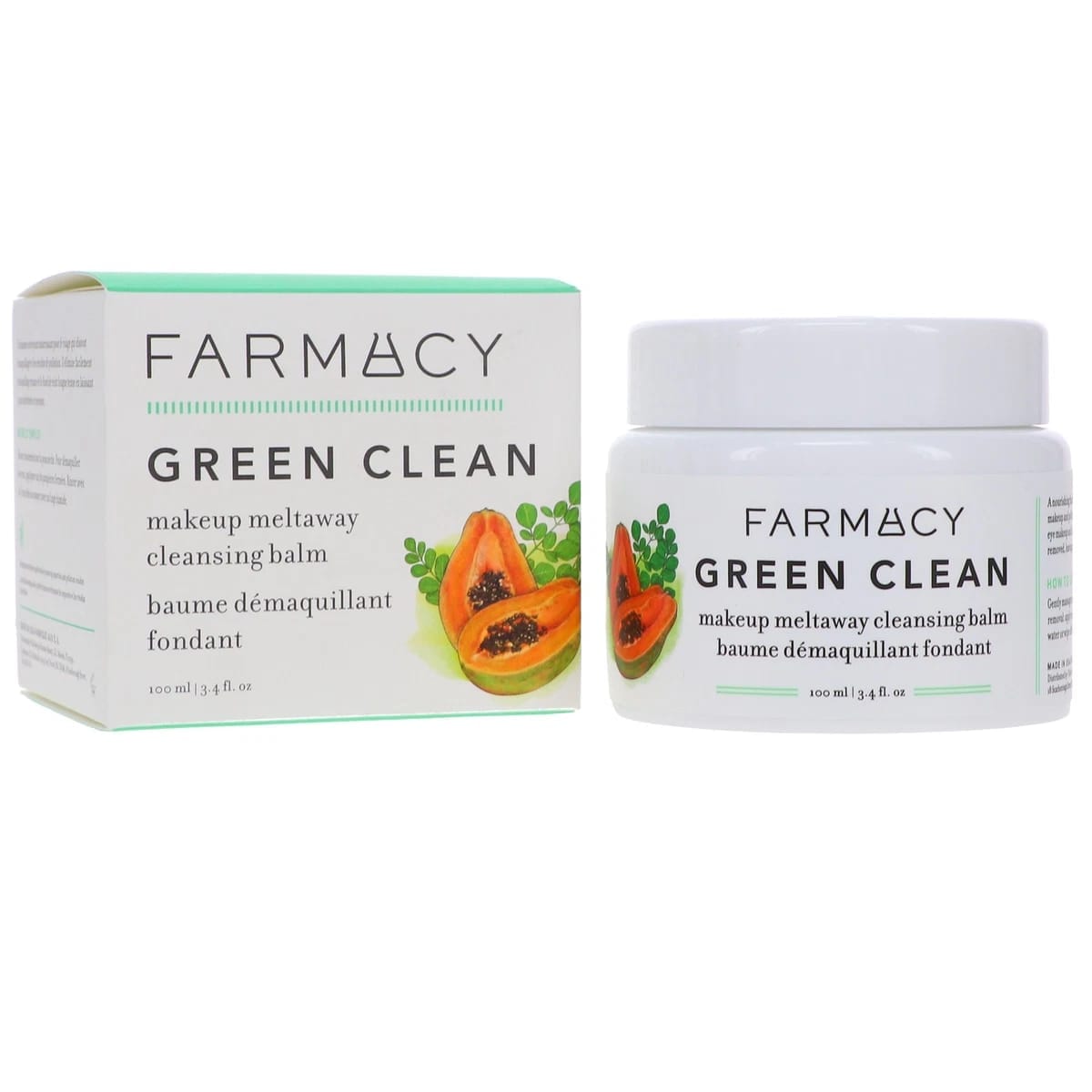 FARMÉCY Green Clean makeup meltaway cleansing balm shown with its white and mint green product box and a matching white jar with a white lid on a plain white background.