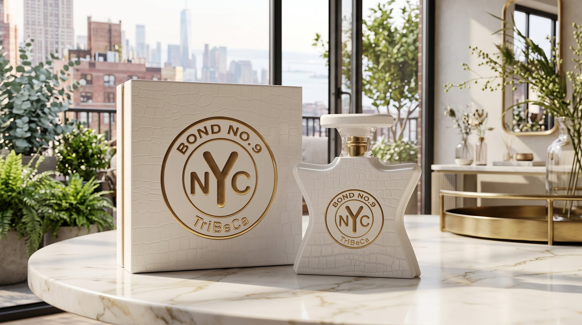 TriBeCa Bond No. 9 NYC fragrance shown with its engraved wooden box and matching bottle on a marble table, with a city skyline visible through the window behind it.