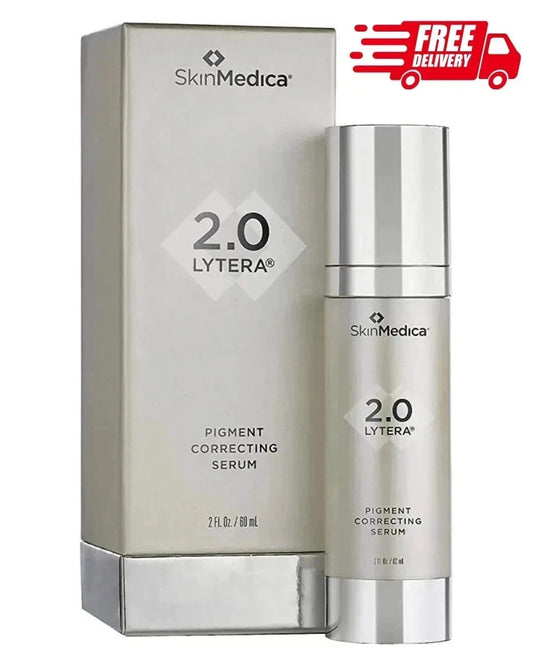 SkinMedica 2.0 Lytera Pigment Correcting Serum shown with its silver and white packaging box and matching cylindrical bottle, on a white background with a red 'FREE DELIVERY' graphic in the top right corner.