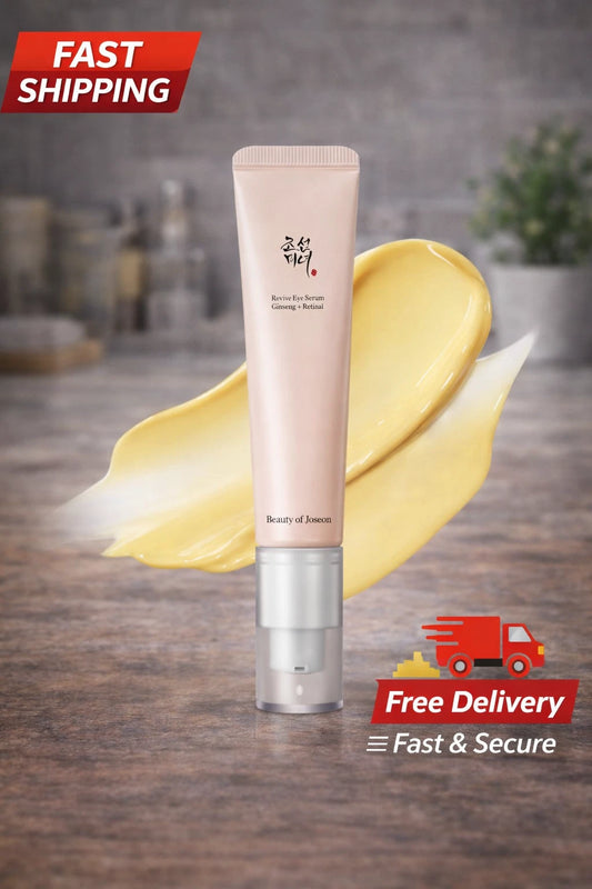 Beauty of Jeremev Beauty of Skin Creamy Makeup tube in a pale pink color with a clear cap, displayed on a wooden surface with a yellow cream smear behind it and shipping promotional text overlays.