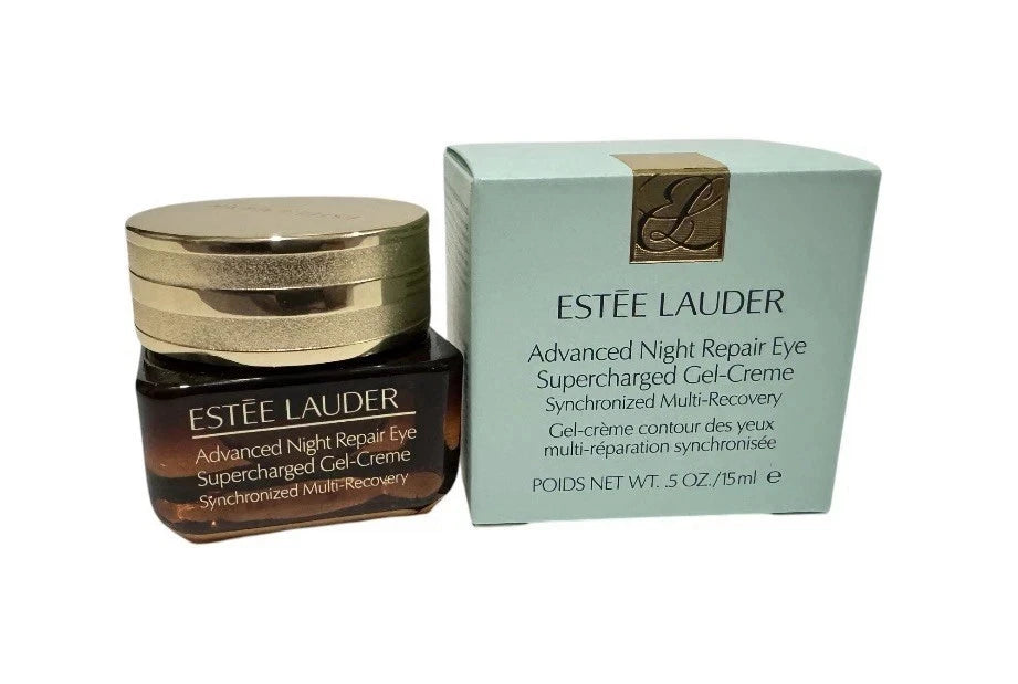 Estée Lauder Advanced Night Repair Eye Supercharged Gel-Crème in a dark brown jar with a gold lid, shown next to its light blue-green packaging box on a white background.