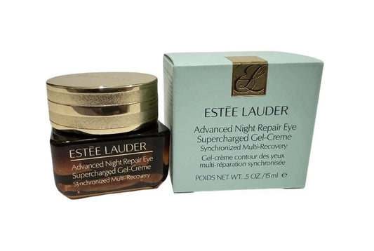 Estée Lauder Advanced Night Repair Eye Supercharged Gel-Crème in a dark brown jar with a gold lid, shown next to its light blue-green packaging box on a white background.