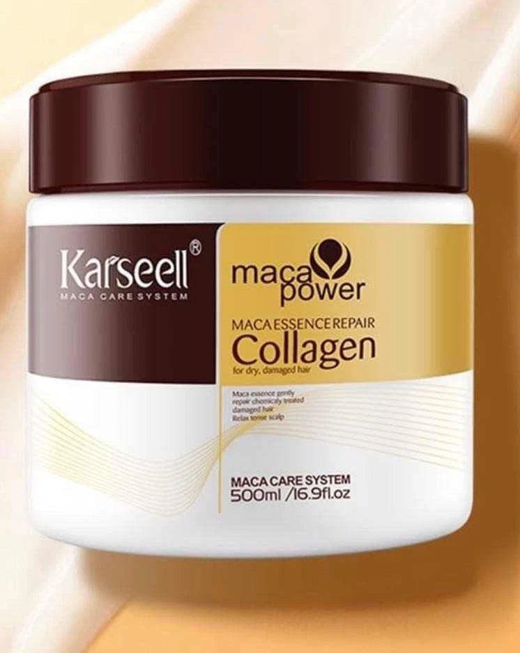 Karseell Maca Power Collagen hair care product jar on a beige background