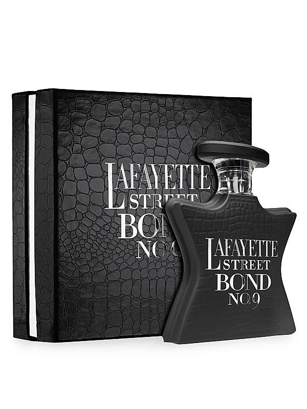 Black perfume bottle and packaging with 'Lafayette Street Bond No. 9' text on a white background