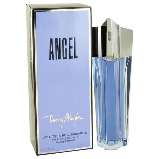 Thierry Mugler Angel Eau de Parfum bottle and its original packaging box. The bottle is made of faceted light blue glass with a metallic silver cap, standing next to its matching light blue and silver box.