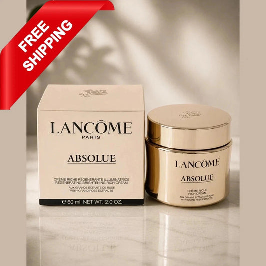 Lancôme Absolue brightening fruit cream shown with its cream jar and matching box on a glossy white surface, with a red 'FREE SHIPPING' banner in the top-left corner.