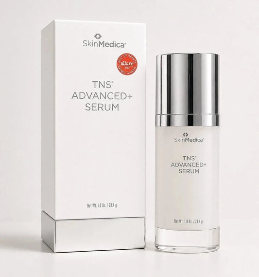 SkinMedica TNS Advanced Serum bottle and packaging on a light gray background
