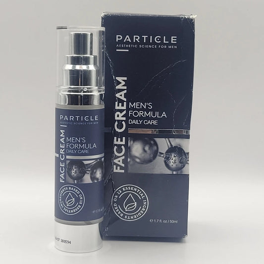 Face cream bottle with packaging labeled 'Particle' on a white background