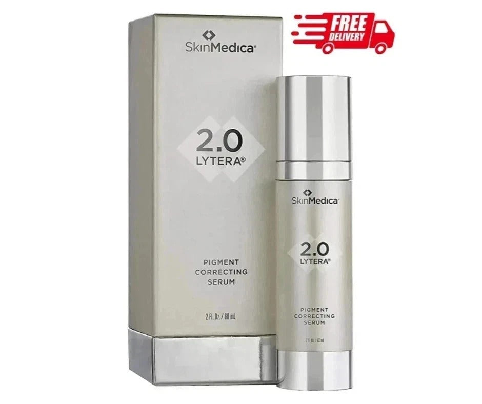 SkinMedica 2.0 Lytera Pigment Correcting Serum shown with its silver and white packaging box and matching bottle, featuring a red 'FREE DELIVERY' graphic in the top right corner.