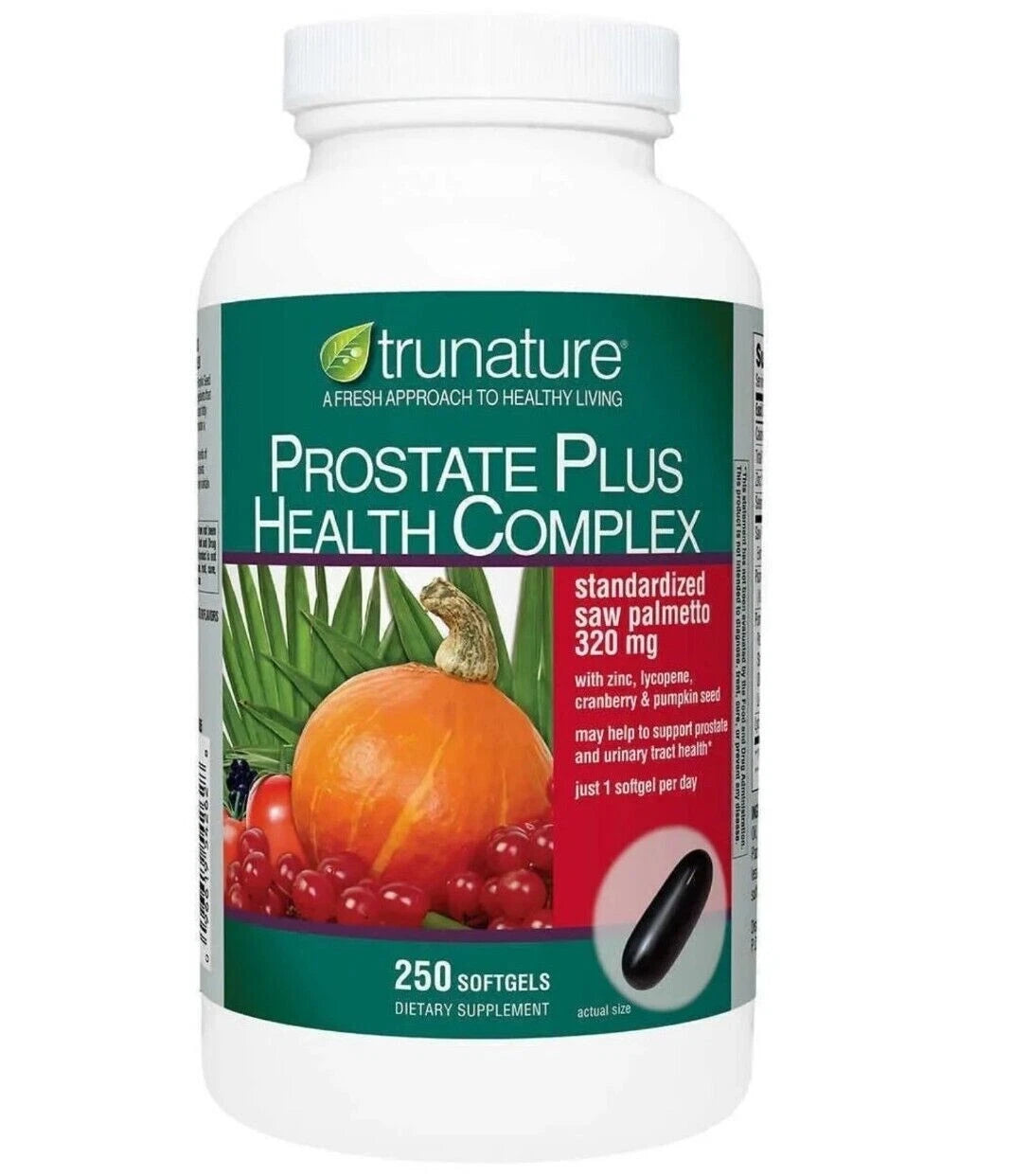 trunature Prostate Plus Health Complex dietary supplement bottle containing 250 softgels