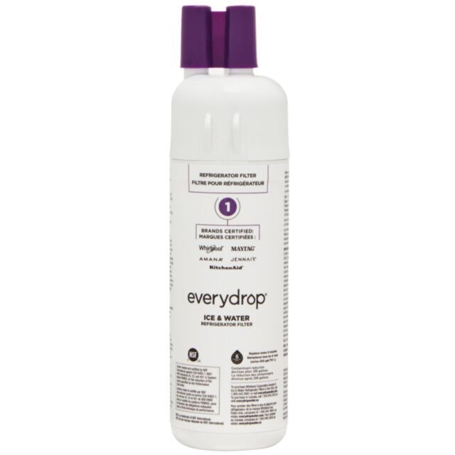 A white bottle of everydaydrop Ice & Water Refrigeration Filter with a purple cap, shown on a plain white background.